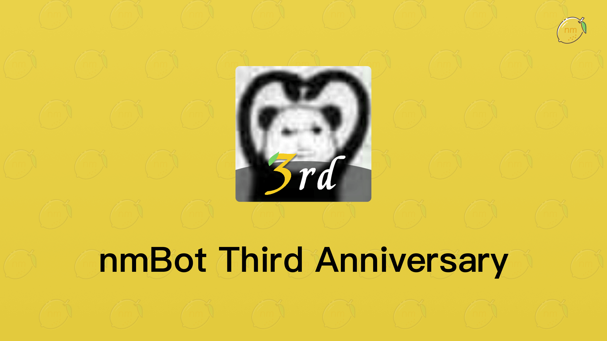 A celebratory image for nmBot's Third Anniversary, featuring a stylized panda face creating a heart shape around the text "3rd", with the title "nmBot Third Anniversary". 