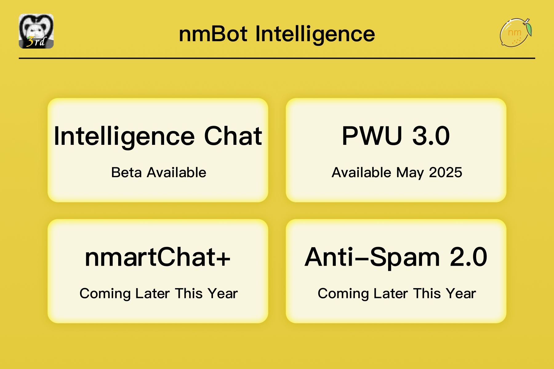 Slide titled 'nmBot Intelligence' showing four feature cards: Intelligence Chat (Beta Available), PWU 3.0 (Available May 2025), nmartChat+ (Coming Later This Year), and Anti-Spam 2.0 (Coming Later This Year). 