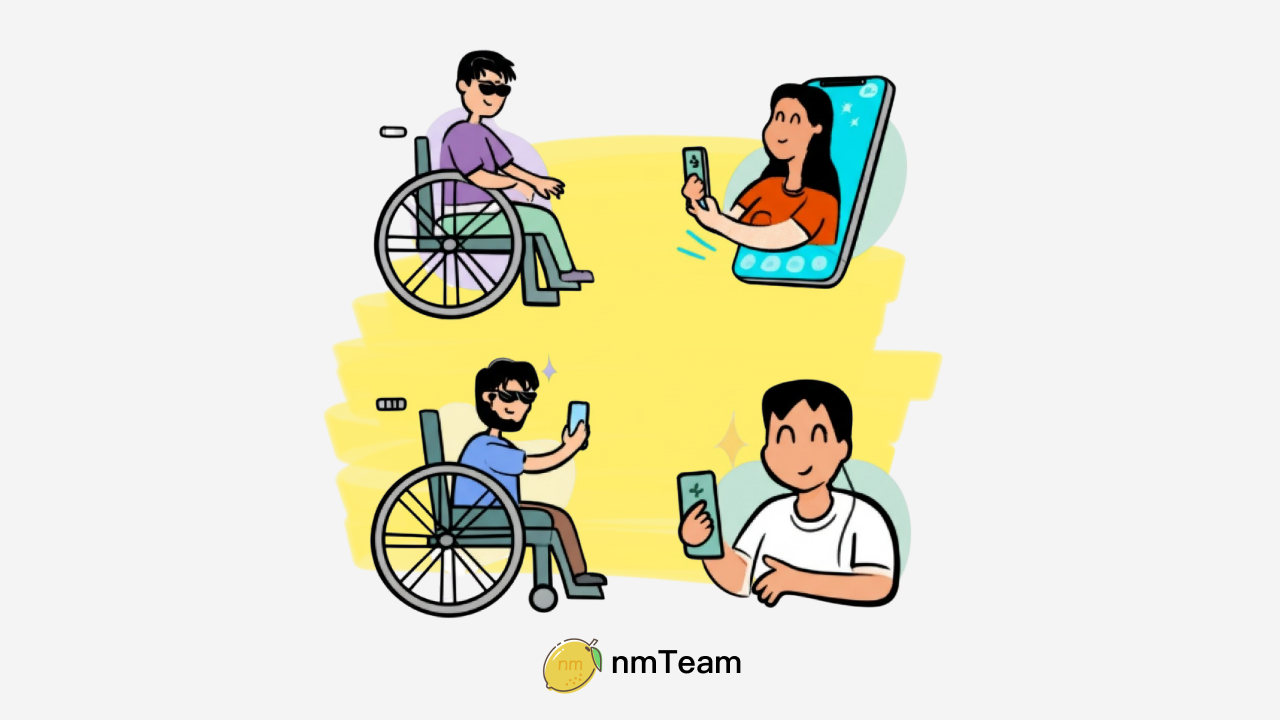nmTeam 全球无障碍宣传日的宣传图。图中四位卡通风格的残障人士正在自如地使用手机或笔记本。